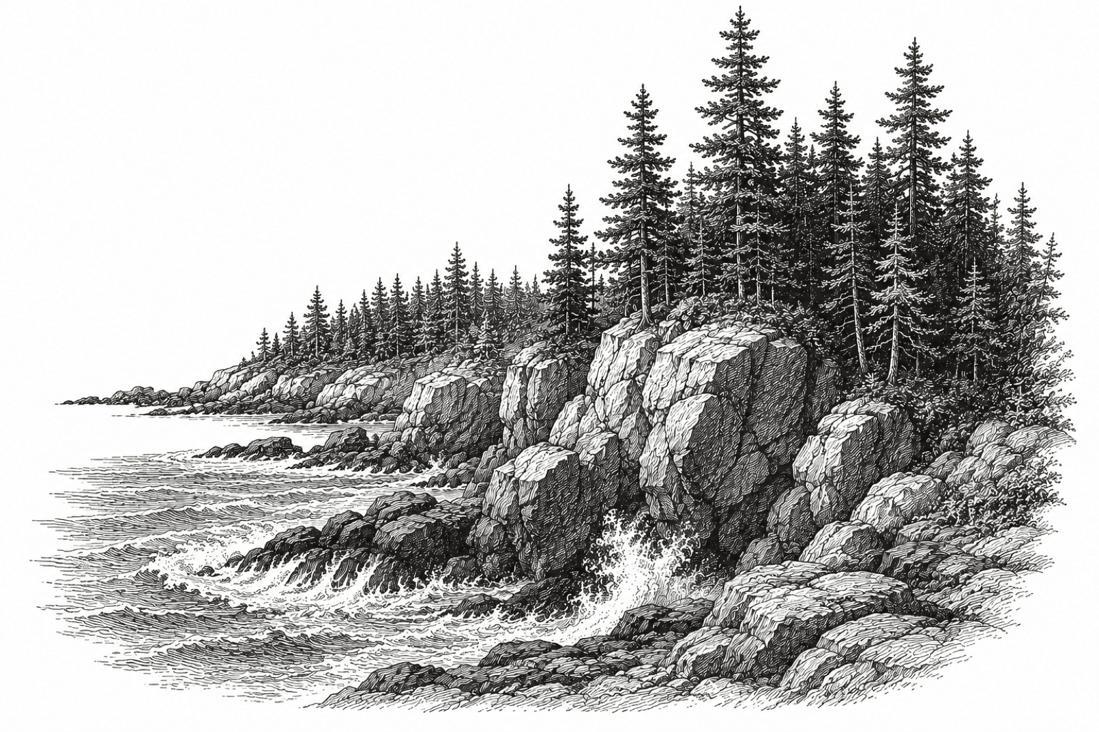 Maine coast — pines, sea cliffs, surf