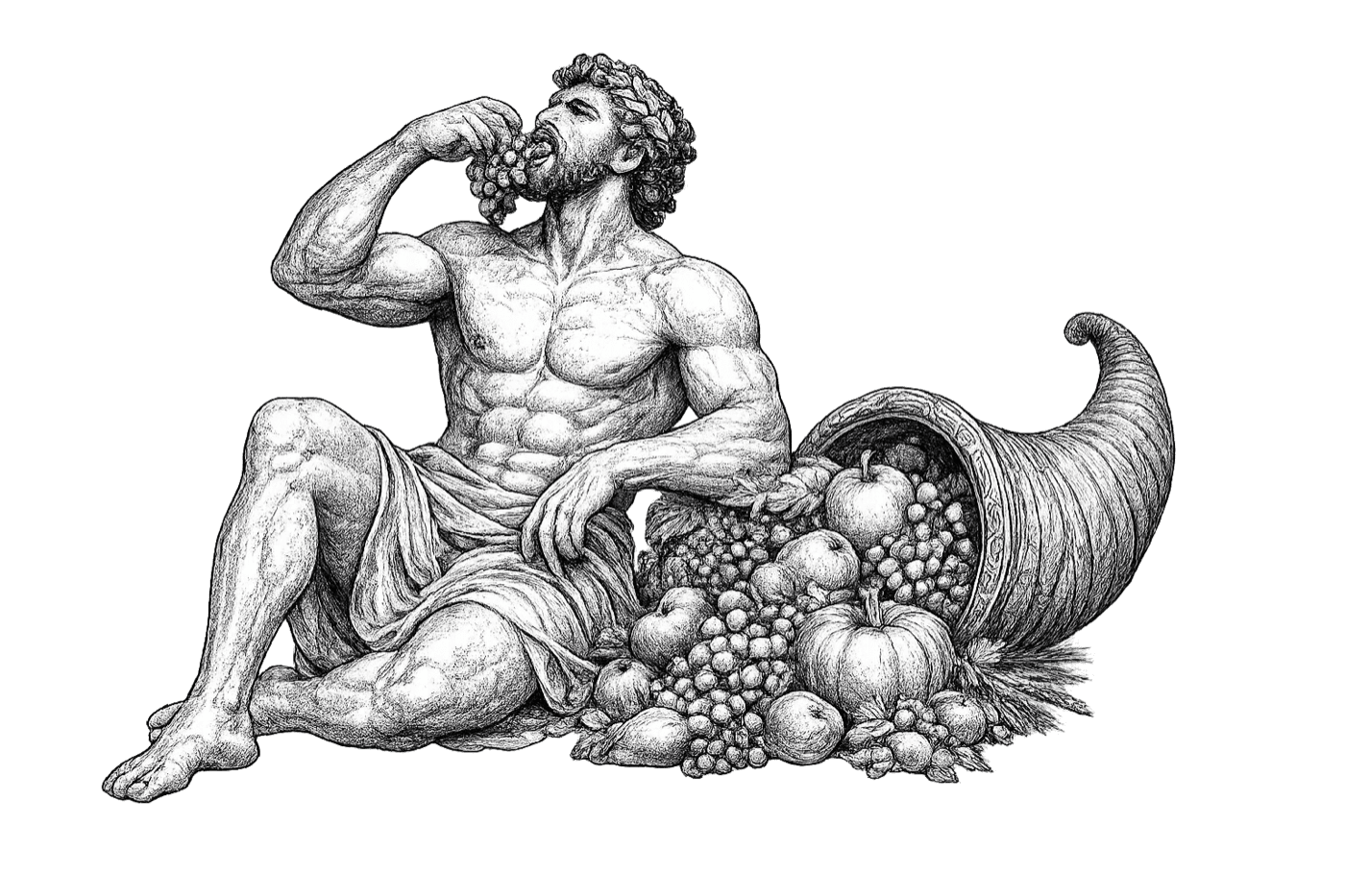 Sisyphus reclining with a cornucopia of fruit