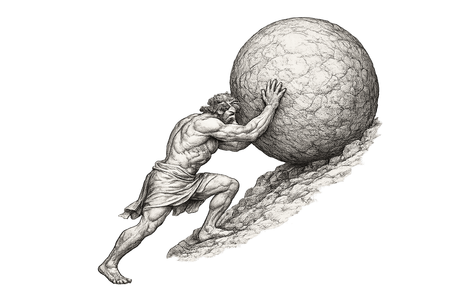 Sisyphus pushing a boulder up the slope